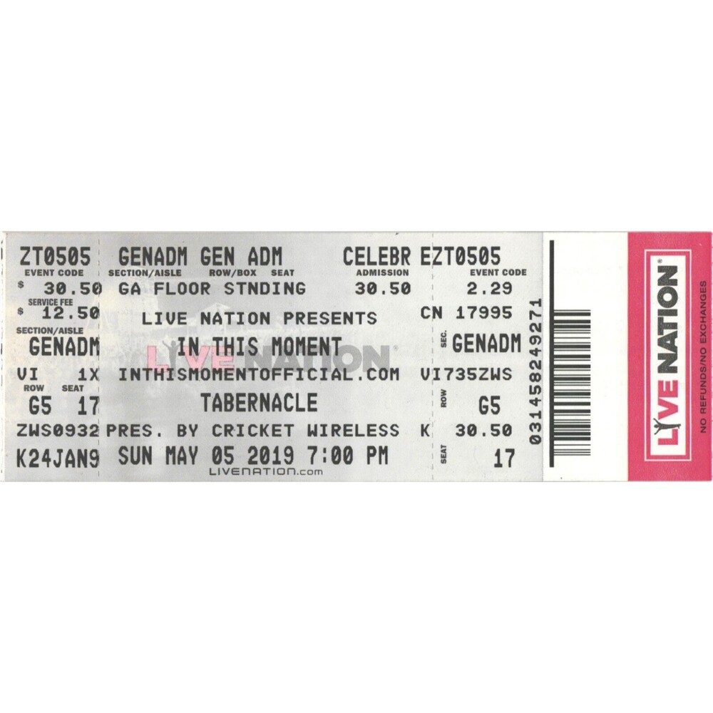 2019 In This Moment Sevendust Light Torch Full Concert Ticket Stub Atlanta GA
